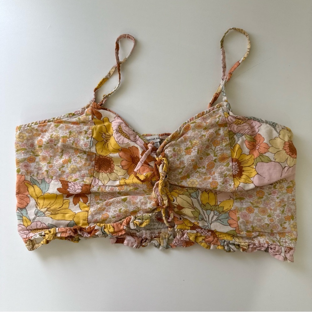 American Eagle Yellow Floral Patterned Crop Top Women’s Size XL